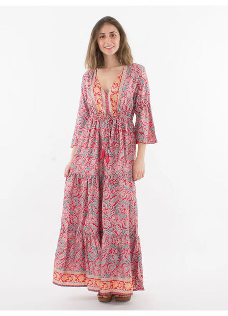 Vestido hippie rosa largo con lazo ajustable 