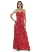 Vestido en color rojo atado al cuello con espalda abierta y topos en color blanco 
