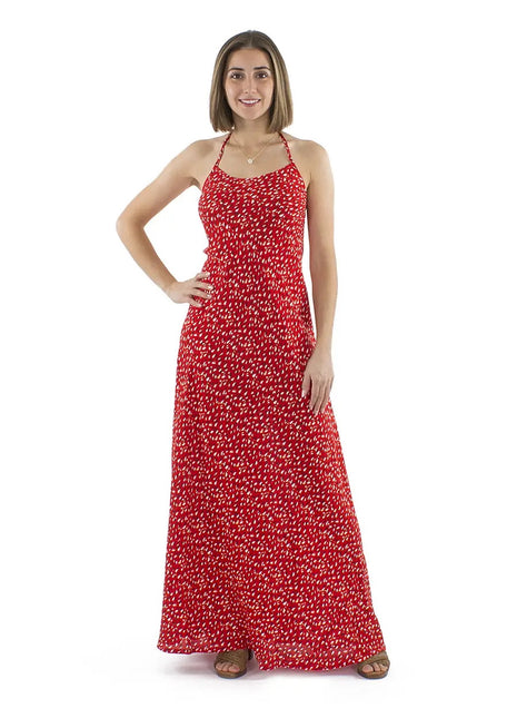 Vestido en color rojo atado al cuello con espalda abierta y topos en color blanco 