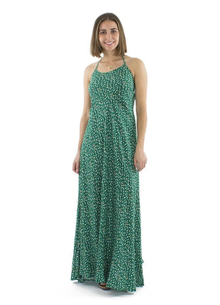 Vestido verde hippie atado al cuello espalda descubierta y estampado de topos color blancos 